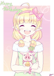 1girl ahoge blonde_hair fam_valhoef hair_ribbon highres iris_mysteria! k_(nura-rikuo) long_hair pointy_ears ribbon smile solo