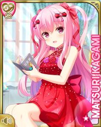 1girl :d bare_legs bow card_(medium) dress girlfriend_(kari) hair_ribbon indoors kagami_matsuri long_hair official_art open_mouth pink_eyes pink_hair qp:flapper red_dress ribbon sitting smile solo two_side_up window