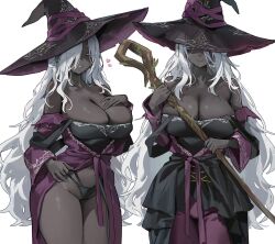 1girl absurdres black_dress black_hat black_panties breasts cleavage closed_mouth collarbone dress elden_ring elden_ring_nightreign fungi542 hair_over_one_eye hand_on_own_chest hat hat_over_one_eye hat_ribbon heart highres holding holding_staff large_breasts navel panties purple_ribbon recluse_(elden_ring) ribbon shadow smile staff underwear white_background white_hair witch_hat