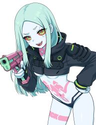 Rule 34 | 1girl, absurdres, aqua hair, black jacket, black panties, blue skin, colored sclera, colored skin, cyberpunk (series), cyberpunk edgerunners, green eyes, gun, handgun, highres, holding, holding gun, holding weapon, jacket, long hair, long sleeves, navel, open mouth, panties, rebecca (cyberpunk), red pupils, red sclera, smile, solo, standing, suoniko, teeth, thighs, underwear, upper teeth only, weapon