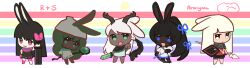 Rule 34 | 5girls, :3, ancient rabbit, animal ears, antlers, araiyme, armor, black hair, blonde hair, blue eyes, blunt bangs, bow, breastplate, chibi, chibi only, closed mouth, commentary request, dark-skinned female, dark skin, defender rabbit, dragon, dress, druid rabbit, expressionless, full body, green eyes, green hair, grey dress, grey headscarf, hair bow, headscarf, heavyblade rabbit, highres, hime cut, holding, holding polearm, holding shield, holding staff, holding sword, holding weapon, horns, jackalope girl, long hair, looking at viewer, multiple girls, open mouth, pink bow, polearm, rabbit and steel, rabbit ears, rabbit girl, rainbow, red skirt, shield, skirt, smile, sniper rabbit, spear, staff, sword, very dark skin, weapon, white dress