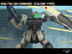 arm_shield assault_visor autocannon ballistic_shield beam_rifle bottoms1237 building bullpup cannon character_name city colony_interior commentary_request debris earth_federation_space_forces embers energy_gun feet_out_of_frame gm_command green_visor gun gundam gundam_0080 highres holding holding_gun holding_weapon hwf_gmg-mg79-90mm_bullpup_machine_gun letterboxed machine_gun mecha mecha_focus mobile_suit no_humans radio_antenna robot science_fiction shield signature solo standing weapon