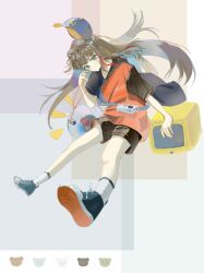 Rule 34 | 1girl, animal ears, arknights, baseball cap, black shoes, black shorts, black sleeves, blue eyes, blue hat, brown hair, chinese commentary, closed mouth, clothes writing, commentary request, earphones, full body, hat, highres, hood, hood down, hoodie, jumping, kneehighs, long hair, looking at viewer, notice lines, orange hoodie, peaked cap, pink pupils, radio, shoe soles, shoes, short shorts, short sleeves, shorts, socks, solo, strap, two-sided fabric, two-sided headwear, white socks, yellow hat, yeye (yun ying), zima (arknights)