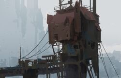 Rule 34 | anthony brault, building, day, fog, grey sky, highres, no humans, original, plank, platform, scenery, sky, skyscraper, tower, window, wire