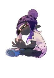 1girl 39_uxue beanie black_skin colored_skin commentary_request full_body hat highres inkling inkling_girl inkling_player_character long_hair looking_at_viewer nintendo pink_eyes pointy_ears purple_hat shirt shoes simple_background sitting solo splatoon_(series) splatoon_3 tentacle_hair white_background white_shirt