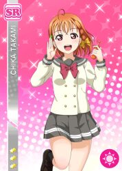 Rule 34 | 1girl, :d, ahoge, anime coloring, black socks, blush, bow, bowtie, braid, brown shoes, buttons, card (medium), clover hair ornament, cowboy shot, diamond (shape), double-breasted, food, grey sailor collar, grey skirt, hair bow, hair ornament, hands up, holding, holding food, leg up, loafers, long sleeves, looking at viewer, love live!, love live! school idol festival, love live! sunshine!!, miniskirt, official art, open hand, open mouth, orange hair, pink background, pleated skirt, red bow, red bowtie, red eyes, sailor collar, school uniform, serafuku, shirt, shoes, short hair, side braid, skirt, smile, socks, solo, standing, standing on one leg, star (symbol), takami chika, teeth, upper teeth only, uranohoshi school uniform, white shirt, winter uniform, yellow bow