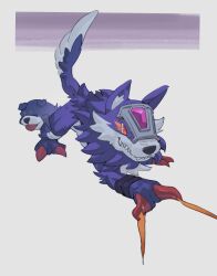 Rule 34 | 765 nanami, blue fur, body fur, bowmon, closed eyes, digimon, digimon (creature), evolutionary line, forehead jewel, full body, highres, loogamon, no humans, red eyes, wolf