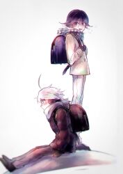2boys ahoge backpack bag coat commentary_request danganronpa_(series) danganronpa_v3:_killing_harmony earmuffs flipped_hair from_side full_body hair_between_eyes highres holding holding_bag k1-b0 long_sleeves male_focus mittens multiple_boys oma_kokichi open_mouth pants profile purple_eyes purple_hair scarf sekiyu_inu short_hair sitting sketch smile standing two-tone_scarf white_background white_hair