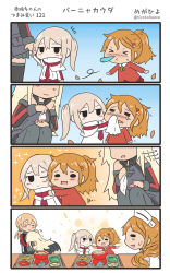 &gt;_&lt; 4koma 5girls =_= aged_down aquila_(kancolle) bismarck_(kancolle) blonde_hair blush brown_hair capelet closed_eyes comic commentary_request graf_zeppelin_(kancolle) highres holding_hands hug kantai_collection littorio_(kancolle) long_hair megahiyo military military_uniform multiple_girls one_eye_closed ponytail prinz_eugen_(kancolle) sick silent_comic sneezing snot speech_bubble sweatdrop tissue tissue_box twitter_username wavy_hair