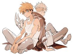 aged_down arm_blade back-to-back bandaged_arm bandages blonde_hair brothers brown_cloak brown_pants citronplanet cloak crossed_legs grey_pants grey_shoes highres hood hooded_cloak light_smile long_sleeves millions_knives multicolored_hair pants shirt shoes short_hair siblings simple_background sleeveless trigun trigun_stampede twins two-tone_hair undercut vash_the_stampede weapon white_background white_shirt