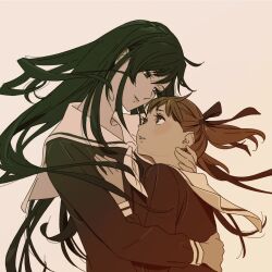 2girls 55bata6rou black_hair black_shirt blush brown_eyes brown_hair eye_contact face-to-face floating_hair fukuzawa_yumi hair_ribbon hand_on_another&#039;s_back hand_on_another&#039;s_chest hand_on_another&#039;s_neck highres hug lillian_girls&#039;_academy_school_uniform long_hair long_sleeves looking_at_another maria-sama_ga_miteru multiple_girls neckerchief ogasawara_sachiko ribbon sailor_collar school_uniform shirt short_hair simple_background smile twintails upper_body white_neckerchief white_sailor_collar wind yuri