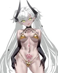 1girl absurdres bare_shoulders bikini body_markings breasts cleavage collarbone das_(dan_dan) demon_girl demon_horns fate/grand_order fate_(series) gold_bikini green_eyes grey_hair highres horns licking_lips lilith_(fate) long_hair looking_at_viewer medium_breasts navel pointy_ears smile solo stomach_tattoo swimsuit tattoo thighs tongue tongue_out twintails