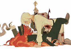 Rule 34 | 2400db, 2girls, all fours, alternate skin color, bent over, blonde hair, blood, blood on body, blood on clothes, blood on hands, coat, dark-skinned female, dark skin, deep wound, dress shirt, eye contact, faust (project moon), green headwear, green jacket, green pants, grin, highres, holding, holding smoking pipe, holding weapon, injury, ishmael (project moon), jacket, kneeling, limbus company, long hair, looking at another, lying, multicolored hair, multiple girls, on back, orange hair, pants, project moon, shirt, simple background, smile, smoke, smoke trail, smoking pipe, stab, two-tone hair, weapon, white background, white coat, white shirt