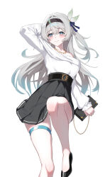 Rule 34 | 1girl, absurdres, alphaart, alternate costume, aqua hair, black footwear, black hairband, black skirt, blue eyes, clutch purse, firefly (honkai: star rail), gradient hair, grey hair, hairband, handbag, high-waist skirt, highres, honkai: star rail, honkai (series), long hair, multicolored eyes, multicolored hair, off shoulder, pink eyes, shirt, simple background, skirt, solo, thigh strap, two-tone eyes, white background, white shirt