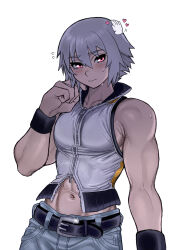 Rule 34 | 1boy, bare shoulders, belt, chuchubreeze, closed mouth, clothing cutout, commentary, dream eater (kingdom hearts), english commentary, flying sweatdrops, gameplay mechanics, grey hair, headpat, heart, highres, kingdom hearts, kingdom hearts 3d: dream drop distance, male focus, navel, navel cutout, pants, partially unzipped, pink eyes, riku (kingdom hearts), short hair, sweatdrop, toned, toned male
