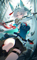1girl animal_ear_fluff animal_ears bamboo bamboo_forest belt black_boots black_shorts boots breasts dutch_angle elbow_gloves eyeshadow feixiao_(honkai:_star_rail) forehead_jewel forest fox_ears fox_girl gloves gradient_hair green_eyes green_hair green_shirt grey_jacket high_ponytail highres holding holding_weapon honkai:_star_rail honkai_(series) jacket large_breasts long_hair looking_at_viewer makeup multicolored_hair nature ponytail red_eyeshadow shirt shorts signature sleeveless sleeveless_shirt smile solo takimii two-tone_hair very_long_hair weapon white_belt
