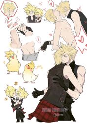 ! 2boys animalization aqua_eyes aries20770321 arm_ribbon artist_name bar_censor bare_shoulders black_boots black_gloves black_ribbon black_vest blonde_hair blush boots censored chocobo closed_eyes clothes_around_waist cloud_strife cum final_fantasy final_fantasy_vii final_fantasy_vii_advent_children final_fantasy_xv fingerless_gloves freckles gloved_handjob gloves grey_male_underwear hair_between_eyes hand_on_another&#039;s_cheek hand_on_another&#039;s_face handjob heart highres in-franchise_crossover light_blush male_focus male_underwear multiple_boys multiple_views one_eye_closed parted_lips penis pink_ribbon plaid_clothes plaid_shirt popped_collar prompto_argentum ribbon shirt shirt_around_waist short_hair smile spiked_hair spoken_exclamation_mark spoken_heart teeth topless_male underwear vest white_background wide-eyed yaoi