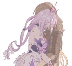 2girls artist_name bare_shoulders black_coat black_tiara blood blood_in_hair blood_on_arm blood_on_clothes breasts butterfly_hair_ornament butterfly_ornament castorice_(honkai:_star_rail) closed_eyes closed_mouth coat commentary crying dress english_commentary flower flower_ornament grey_hair hair_between_eyes hair_flower hair_ornament honkai:_star_rail honkai_(series) hug korshokor lapels long_hair long_sleeves low-tied_long_hair low_twintails medium_breasts multiple_girls open_clothes open_coat pink_flower pink_hair pocket_watch pointy_ears purple_flower sad simple_background sleeveless sleeveless_dress standing stelle_(honkai:_star_rail) tiara trailblazer_(honkai:_star_rail) twintails watch white_background white_dress