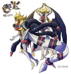 1girl arms_up black_sclera black_skin blonde_hair boots breasts cleavage colored_sclera colored_skin fingernails gen_4_pokemon giratina giratina_(altered) giratina_(origin) gloves grey_footwear grey_gloves grey_jacket grey_pants high_heel_boots high_heels highres jacket large_breasts legendary_pokemon long_sleeves low_wings multiple_views nintendo open_clothes open_jacket pants personification pokemon red_eyes sharp_fingernails signature simple_background tamtamdi translated white_background wings yellow_lips
