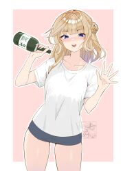1girl absurdres alternate_costume artist_logo blonde_hair blue_eyes blue_shorts bottle casual commentary_request cowboy_shot double_bun hair_bun highres kantai_collection logo long_hair looking_at_viewer outside_border pink_background ranger_(kancolle) sakurai_nana_(moshichi) shirt short_shorts shorts solo t-shirt watermark waving white_shirt