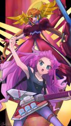 2girls absurdres armpits blue_eyes dress duel_disk duel_monster gloves guitar highres instrument kirishima_romin light_brown_hair long_hair multiple_girls open_mouth pantyhose princess_omega_the_colorful_light_supreme purple_hair shirt sleeveless sleeveless_shirt thigh_strap visor yu-gi-oh! yu-gi-oh!_sevens zealmaker