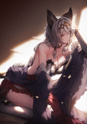 1girl animal_ears arm_behind_head armor armored_boots armored_dress backless_dress backless_outfit bare_shoulders boots braid braided_ponytail breastplate breasts cat_ears cleavage collarbone dress erune gauntlets genyaky granblue_fantasy grey_hair hair_between_eyes hair_ornament hand_on_own_knee headpiece heles highres large_breasts long_hair looking_at_viewer parted_lips red_eyes shawl sideways_glance signature sitting solo very_long_hair