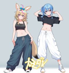 Rule 34 | 2girls, absurdres, ahoge, alternate costume, animal ears, arms up, baggy pants, black shirt, blonde hair, blue bow, blue choker, blue eyes, blue hair, blue pants, bow, breasts, character name, choker, closed mouth, collarbone, commentary request, crop top, drawstring, fox ears, fox girl, fox tail, full body, grey background, hair bow, highres, hololive, hoshimachi suisei, kamidan, looking at viewer, medium breasts, midriff, multicolored hair, multiple girls, navel, omaru polka, pants, pink hair, purple eyes, shirt, shoes, shorts, side ponytail, smile, standing, stomach, tail, virtual youtuber, white pants, white shoes, white shorts