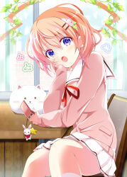 1girl :o angora_rabbit arm_on_table blurry blurry_background blush brown_hair cellphone chair commentary_request elbow_on_table flip_phone gochuumon_wa_usagi_desu_ka? hair_between_eyes hair_ornament hairclip hand_on_own_cheek hand_on_own_face head_rest highres holding holding_phone hoto_cocoa hoto_cocoa&#039;s_school_uniform indoors kohakugin long_sleeves looking_at_viewer miniskirt neck_ribbon open_mouth phone pink_sweater pleated_skirt purple_eyes rabbit ribbon sailor_collar school_uniform short_hair sitting skirt solo sweater tippy_(gochiusa) white_sailor_collar white_skirt