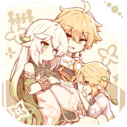 1girl 2boys aether_(genshin_impact) aged_up blonde_hair closed_mouth commentary_request genshin_impact gradient_hair green_eyes green_hair highres if_they_mated kareya long_hair multicolored_hair multiple_boys nahida_(genshin_impact) open_mouth pointy_ears pregnant