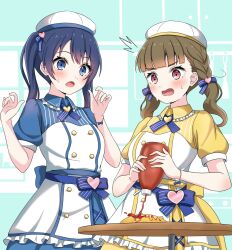 2girls ^^^ aqua_background beret blue_dress blue_eyes blue_hair blue_ribbon bottle braid breasts brown_hair buttons center-flap_bangs collared_dress commentary cowboy_shot double-breasted dress food frilled_shirt_collar frills gigo hair_ornament hair_ribbon hashtag-only_commentary hat heart heart_hair_ornament highres holding holding_bottle kachimachi_kosuzu katanashi_(ktnsh_popu) ketchup_bottle kitchen link!_like!_love_live! long_hair looking_at_food love_live! low_twintails medium_breasts monochrome_background multiple_girls murano_sayaka neck_ribbon official_alternate_costume omelet omurice open_mouth peanut_mouth pink_eyes puffy_short_sleeves puffy_sleeves ribbon short_sleeves side_braids squeezing straight_hair surprised sweat sweatdrop teeth twintails v-shaped_eyebrows virtual_youtuber white_hat yellow_dress