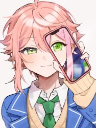 Rule 34 | 1boy, :3, androgynous, blazer, blue jacket, c54chu0113, cellphone, closed mouth, collared shirt, covering one eye, double-parted bangs, ensemble stars!, flipped hair, green eyes, half-closed eye, hand up, happy, himemiya tori, holding, holding phone, jacket, layered clothes, looking at viewer, male focus, open clothes, open jacket, phone, pink hair, popped collar, portrait, shirt, short hair, sidelocks, simple background, smartphone, smile, solo, sweater, white background, white shirt, wing collar, yellow sweater