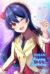 1girl artist_name beret birthday black_necktie blue_hair blush ca_ba_ya_ki commentary_request dated earrings english_text flower glint hair_between_eyes hand_up happy_birthday hat hat_flower highres index_finger_raised jacket jewelry long_hair long_sleeves love_live! love_live!_school_idol_project nail_polish necktie one_eye_closed open_mouth pink_nails smile solo sonoda_umi sore_wa_bokutachi_no_kiseki teeth upper_body upper_teeth_only yellow_eyes