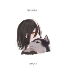 1girl 1other black_hair chainsaw_man character_name covered_mouth hair_between_eyes highres husky looking_to_the_side nayuta_(chainsaw_man) ringed_eyes short_hair simple_background white_background yellow_eyes yuuwaku06