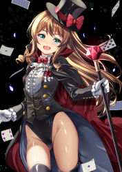 1girl black_cloak black_hat black_jacket black_leotard black_thighhighs blonde_hair boots bow bowtie cane card cloak commission flower gem gloves gluteal_fold green_eyes grey_vest groin hat highleg highleg_leotard highres jacket leotard leotard_under_clothes long_hair mad_(hazukiken) open_mouth original phantom_thief phantom_thief_(kkmomo67) playing_card red_bow red_bowtie red_cloak rose shirt skeb_commission smile solo thigh_boots thighhighs thighs top_hat two-sided_cloak two-sided_fabric two-tone_cloak vest white_gloves white_shirt