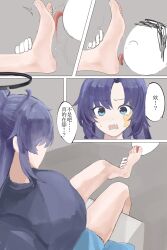 1boy 1girl absurdres barefoot blue_archive blue_eyes blue_hair doodle_sensei_(blue_archive) feet foot_worship gym_uniform highres licking_foot light_blush long_hair open_mouth sensei_(blue_archive) soles steam sweat tiansuo_haoer toes translated yuuka_(blue_archive) yuuka_(track)_(blue_archive)