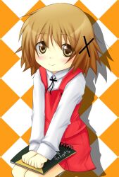 1girl brown_eyes brown_hair closed_mouth dot_nose female_focus hair_ornament hidamari_sketch kou long_sleeves looking_at_viewer school_uniform shirt short_hair sitting sketchbook smile solo white_shirt x_hair_ornament yamabuki_high_school_uniform yuno_(hidamari_sketch)