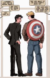 2boys animal_hands avengers_(series) black_hair black_jacket black_necktie black_pants black_shoes blonde_hair blue_eyes blue_pants border brown_eyes brown_jacket brown_shoes closed_mouth english_text facial_hair formal_clothes full_body grey_border hand_on_own_hip highres jacket long_sleeves looking_at_another male_focus marvel marvel_cinematic_universe multiple_boys necktie open_clothes open_jacket pants pocket shield shield_on_back shirt shoes short_hair simple_background speech_bubble standing star_(symbol) steve_rogers suit suit_jacket teeth tony_stark weibo_7899261198 white_background white_shirt