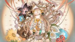 1girl absurdres anemone_(flower) aqua_flower black_flower brown_hair commentary dress flower flower-shaped_pupils grey_eyes hair_flower hair_ornament hair_over_one_eye heterochromia highres instrument isekaijoucho kamitsubaki_studio light_smile long_hair looking_at_viewer mismatched_pupils nemophila_(flower) ohjjo phonograph red_eyes red_flower solo sunflower symbol-shaped_pupils trumpet tulip virtual_youtuber white_dress white_flower white_tulip yellow_flower