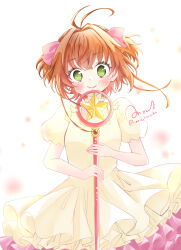 Rule 34 | 1girl, 3-nyan, absurdres, antenna hair, brown hair, cardcaptor sakura, closed mouth, cowboy shot, dress, frilled dress, frills, green eyes, hair intakes, hair ribbon, highres, holding, holding wand, kinomoto sakura, layered dress, looking at viewer, messy hair, official alternate costume, pink ribbon, puffy short sleeves, puffy sleeves, ribbon, short hair, short sleeves, signature, smile, solo, twitter username, wand, white dress, wide-eyed, wind