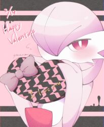 alternate_color bow box colored_skin dated gardevoir gen_3_pokemon hair_over_one_eye happy_valentine heart-shaped_box looking_at_viewer multicolored_skin narumiya_pkmn nintendo pink_bow pink_eyes pink_hair pink_skin pokemon pokemon_(creature) signature two-tone_skin white_skin