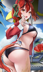 1girl absurdres alternate_costume animal_ears ass beach beach_chair beach_umbrella bikini black_bikini blue_sky bow breasts brown_eyes cleavage cloud cloudy_sky commentary_request ear_bow ear_covers food fruit hair_ornament highres horse_ears horse_girl horse_tail jacket long_sleeves looking_at_viewer medium_breasts medium_hair nice_nature_(umamusume) open_clothes open_jacket open_mouth outdoors palm_tree po_musubi red_jacket sand_on_skin sky solo swimsuit tail track_jacket tree twintails umamusume umbrella watermelon watermelon_slice