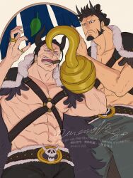 2boys absurdres black_coat black_hair cigar coat cowboy_shot crocodile_(one_piece) earrings facial_hair fake_horns frown goatee highres hook_hand horns jewelry kinemon leaf loki_illust male_focus multiple_boys multiple_rings muscular muscular_male o-ring one_piece open_mouth purple_eyes ring scar scar_on_face short_hair sideburns skull small_sweatdrop stitches teeth topless_male twitter_username