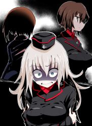Rule 34 | 3girls, black headwear, black jacket, blue eyes, brown hair, closed mouth, collared shirt, commentary request, constricted pupils, crossed arms, dress shirt, expressionless, garrison cap, girls und panzer, gloom (expression), grey hair, grimace, hat, insignia, itsumi erika, jacket, kuromorimine military uniform, lapels, long hair, long sleeves, looking at viewer, military hat, military uniform, multiple girls, nishizumi maho, nishizumi miho, notched lapels, nuka cola06, partial commentary, red shirt, shirt, short hair, siblings, sisters, sweat