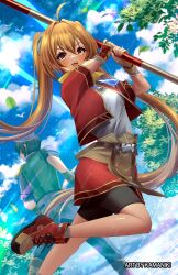 1boy 1girl ahoge antenna_hair artist_name bike_shorts blue_sky brown_gloves cloud cropped_jacket double-parted_bangs eiyuu_densetsu estelle_bright falling_leaves fingerless_gloves floating_hair gloves hair_between_eyes highres holding holding_staff holding_weapon jewelry joshua_bright kamaniki leaf long_hair looking_at_viewer open_mouth outdoors pendant red_eyes shoes skirt sky smile sneakers solo sora_no_kiseki staff tree twintails weapon