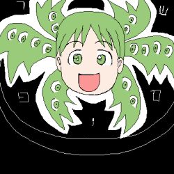 4chan :d biblically_accurate_angel black_background drawfag green_eyes green_hair koiwai_yotsuba multiple_eyes multiple_ponytails open_mouth simple_background smile yotsubato!