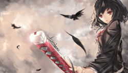 1girl artist_request bird black_hair character_request commentary_request copyright_request crow feathers holding holding_sword holding_weapon long_sleeves non-web_source red_eyes school_uniform short_hair signature solo source_request sword tagme weapon