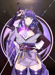 Rule 34 | 1girl, absurdres, blunt bangs, braid, breasts, breasts out, commentary request, cowboy shot, drawing sword, fingerless gloves, flower, genshin impact, gloves, hair flower, hair ornament, hand on own hip, highres, holding, holding sword, holding weapon, human scabbard, japanese clothes, ken (kensaen), kimono, large breasts, long hair, looking at viewer, low-braided long hair, low-tied long hair, musou isshin (genshin impact), nail polish, nipples, purple eyes, purple hair, purple kimono, raiden shogun, smile, solo, sword, thighhighs, weapon, wide sleeves