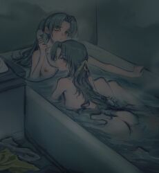 2girls absurdres aqua_eyes ass bathing bathtub biting blush breasts corded_phone feason green_hair highres higurashi_no_naku_koro_ni holding holding_phone incest long_hair medium_breasts multiple_girls one_eye_closed phone ponytail ribbon same-sex_bathing shared_bathing sonozaki_mion sonozaki_shion yellow_ribbon yuri