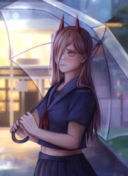 1girl absurdres black_serafuku black_skirt blonde_hair blurry bokeh breasts building chainsaw_man commentary cross-shaped_pupils cyennik depth_of_field english_commentary eyebrows_hidden_by_hair hair_over_one_eye highres holding holding_umbrella horns long_hair medium_breasts midriff navel orange_eyes pleated_skirt power_(chainsaw_man) rain raised_inner_eyebrows red_horns school_uniform serafuku skirt solo symbol-shaped_pupils twitter_username umbrella upper_body