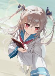 1girl absurdres atri atri-my_dear_moments- beach blurry blush brown_hair character_request closed_mouth collarbone commentary crying depth_of_field foreshortening highres holding holding_notebook lens_flare long_hair long_sleeves looking_ahead necktie notebook onii-chan_wa_oshimai! pigeon-toed red_eyes red_necktie school_uniform serafuku shirt solo twintails white_shirt yi_inm